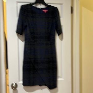 Betsy Johnson Cobalt Blue, Grey, Black Plaid Faux Asymmetrical wrap dress